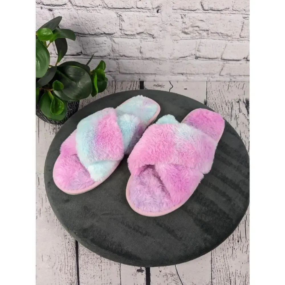 NEW Plush fuzzy colorful slide style slippers, EUR 40-41
